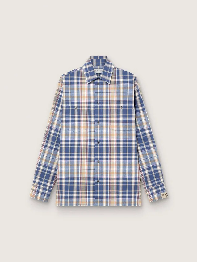 Chemise oversize pour homme en coton à carreaux indigo et beige