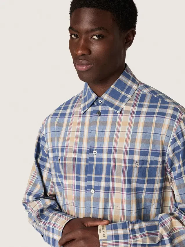 Chemise oversize pour homme en coton à carreaux indigo et beige