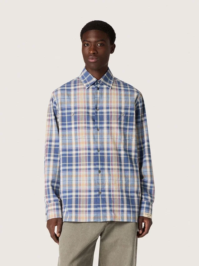 Chemise oversize pour homme en coton à carreaux indigo et beige