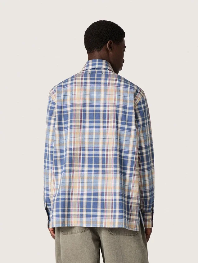 Chemise oversize pour homme en coton à carreaux indigo et beige