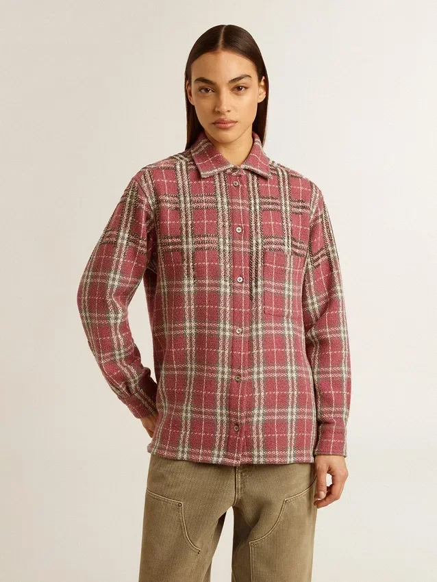 Chemise pour femme avec broderie à carreaux roses, sable et gris