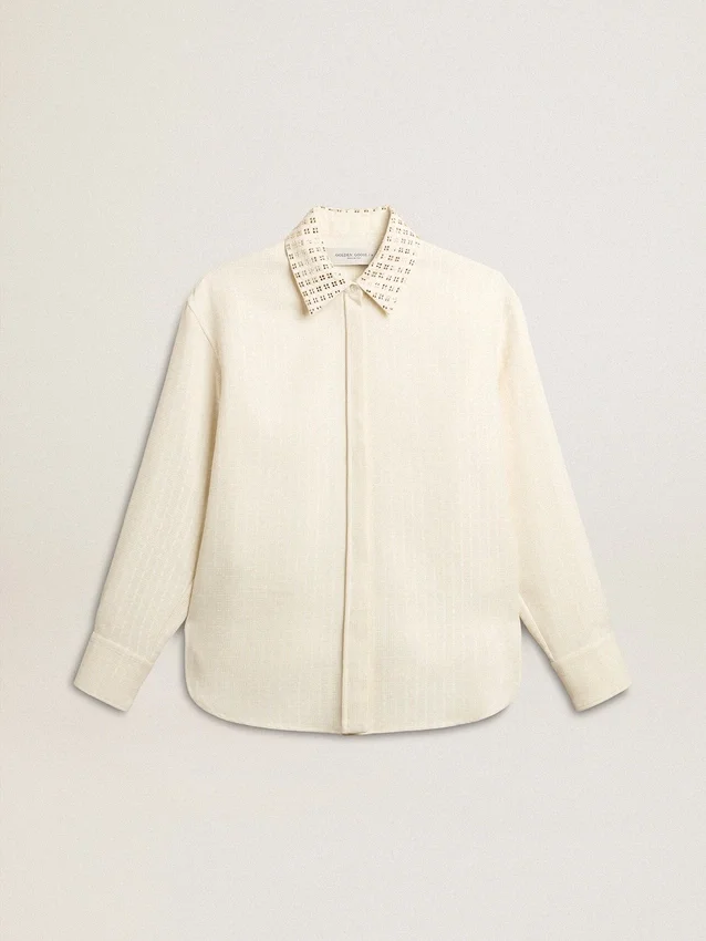 Chemise pour femme en mélange de viscose et de coton, avec col orné de cristaux