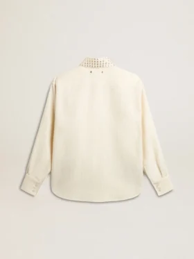 Chemise pour femme en mélange de viscose et de coton, avec col orné de cristaux