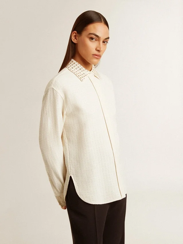 Chemise pour femme en mélange de viscose et de coton, avec col orné de cristaux