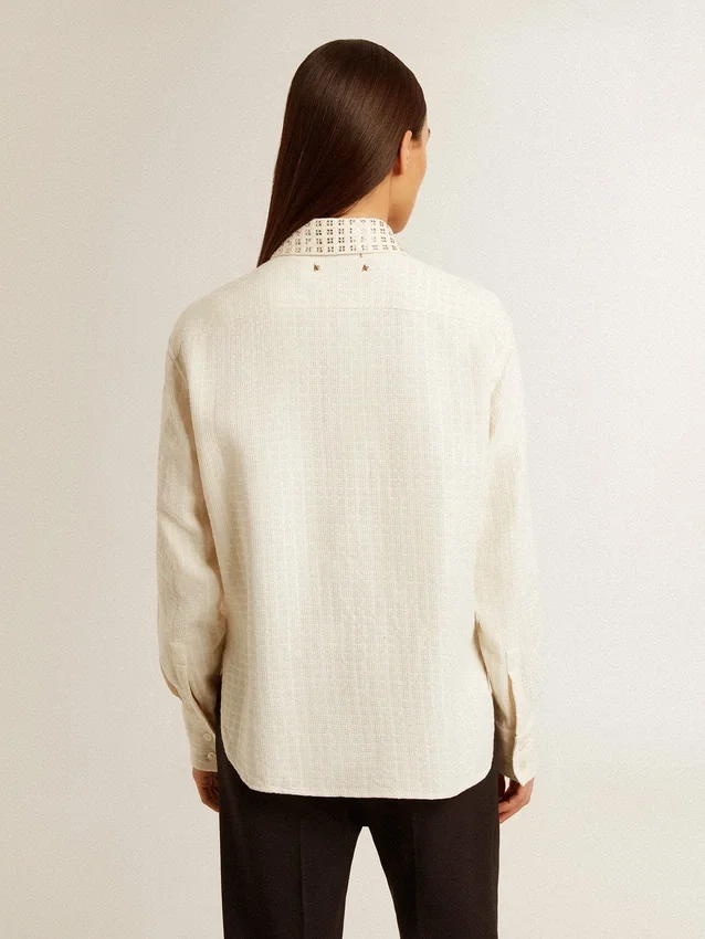 Chemise pour femme en mélange de viscose et de coton, avec col orné de cristaux
