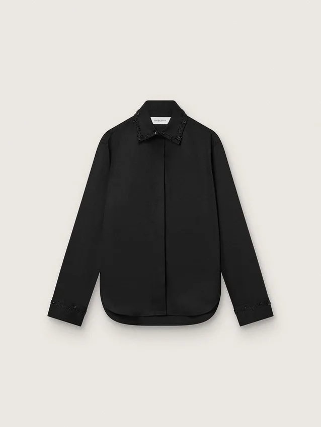 Chemise pour femme en sergé de laine noir avec broderie florale en perles de verre