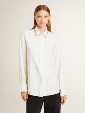 Chemise pour femme à rayures verticales et broderies de cristaux