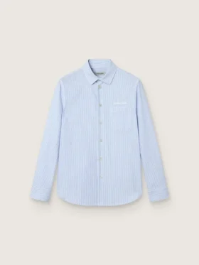 Chemise pour garçon en coton rayé bleu clair et blanc avec logo brodé