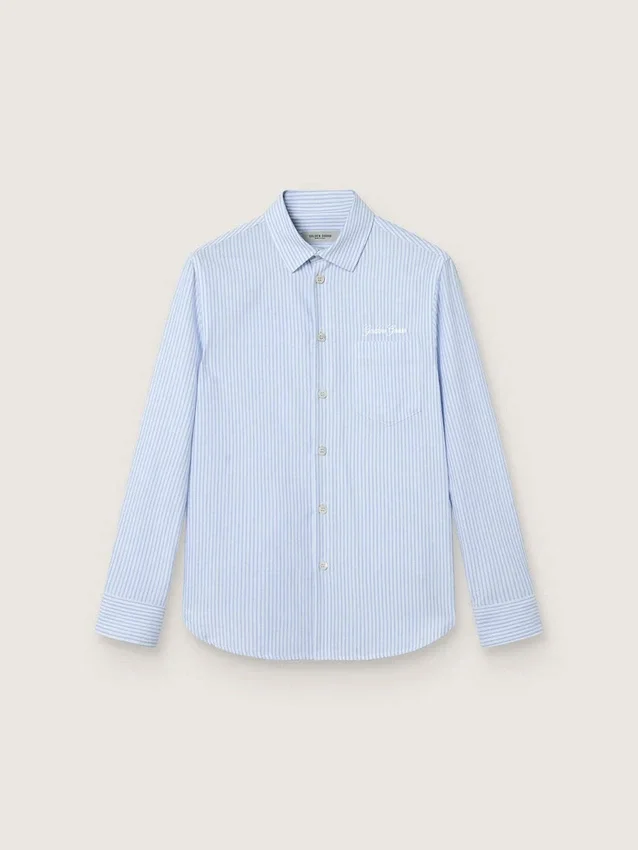 Chemise pour garçon en coton rayé bleu clair et blanc avec logo brodé