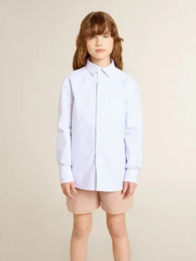 Chemise pour garçon en coton rayé bleu clair et blanc avec logo brodé