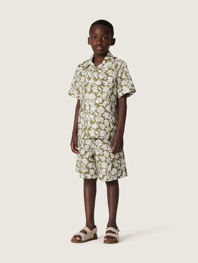Chemise pour garçon « Journey » en toile de coton à imprimé floral vert et blanc