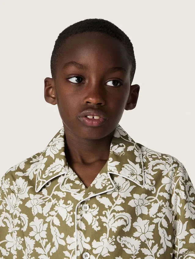 Chemise pour garçon « Journey » en toile de coton à imprimé floral vert et blanc