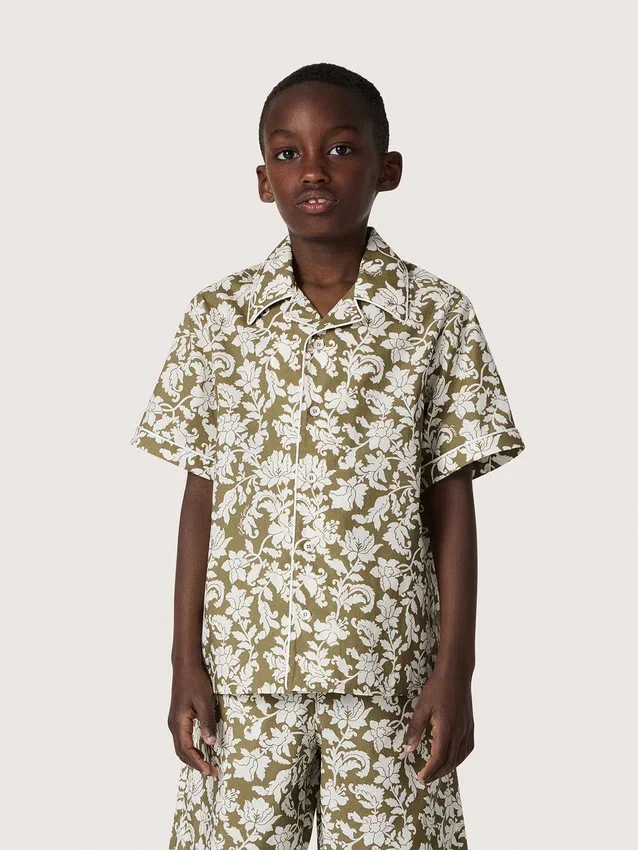 Chemise pour garçon « Journey » en toile de coton à imprimé floral vert et blanc