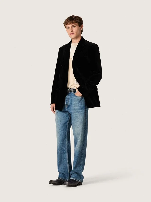 Blazer homme à double boutonnage en velours noir avec revers en satin noir
