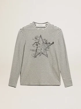 Chemise pour homme à rayures blanches et bleues avec broderie sur le devant
