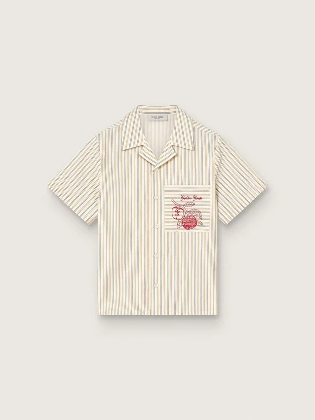 Chemise rayée écru, beige et gris pour garçons avec broderie « Frutteria Golden »