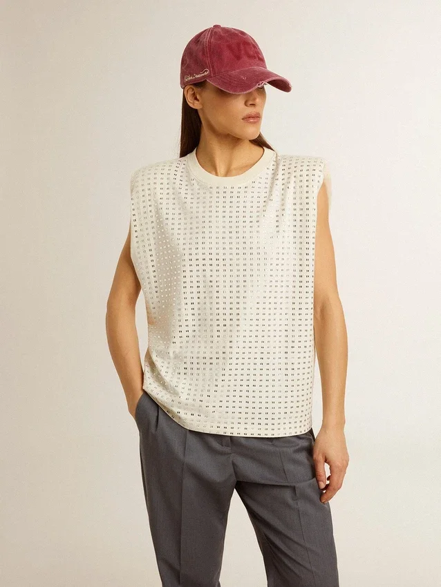 Chemise sans manches blanche vieillie ornée de cristaux