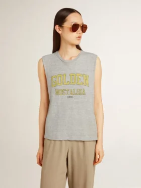 Chemise sans manches gris pour femme avec imprimé jaune