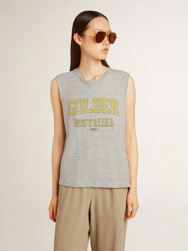 Chemise sans manches gris pour femme avec imprimé jaune