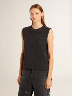 Chemise sans manches noire délavée avec broderie dégradée ton sur ton