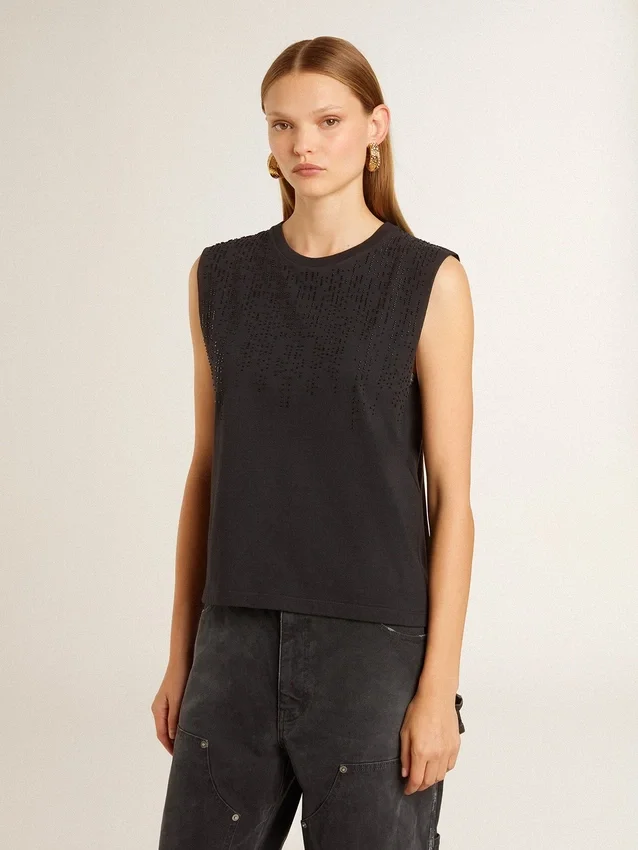 Chemise sans manches noire délavée avec broderie dégradée ton sur ton