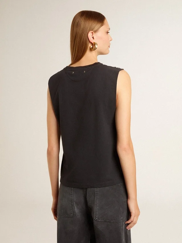 Chemise sans manches noire délavée avec broderie dégradée ton sur ton