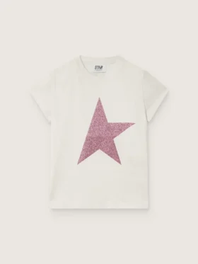Chemise « Star » pour fille en jersey de coton blanc avec une étoile rose pailletée