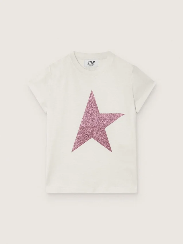 Chemise « Star » pour fille en jersey de coton blanc avec une étoile rose pailletée