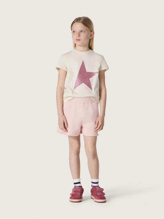 Chemise « Star » pour fille en jersey de coton blanc avec une étoile rose pailletée
