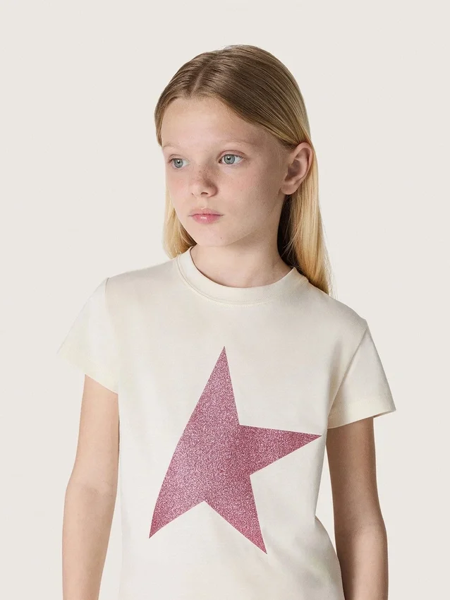 Chemise « Star » pour fille en jersey de coton blanc avec une étoile rose pailletée