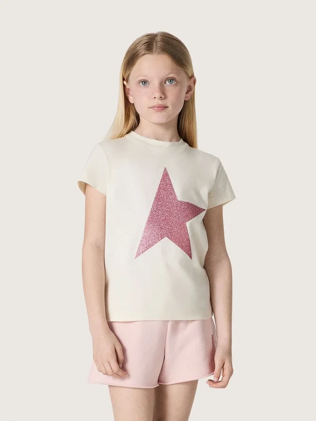 Chemise « Star » pour fille en jersey de coton blanc avec une étoile rose pailletée