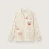 Chemise unisexe en coton et lin rayé écru et sable, avec broderies