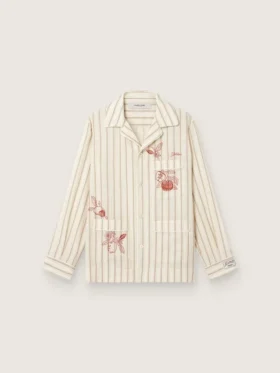Chemise unisexe en coton et lin rayé écru et sable, avec broderies