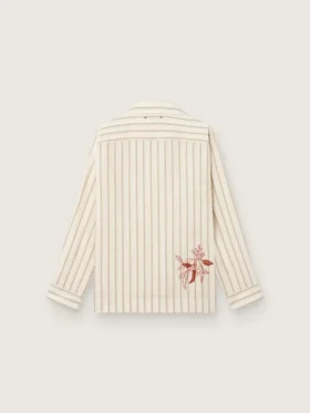 Chemise unisexe en coton et lin rayé écru et sable, avec broderies