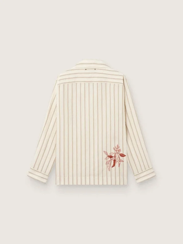 Chemise unisexe en coton et lin rayé écru et sable, avec broderies