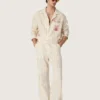 Chemise unisexe en coton et lin rayé écru et sable, avec broderies