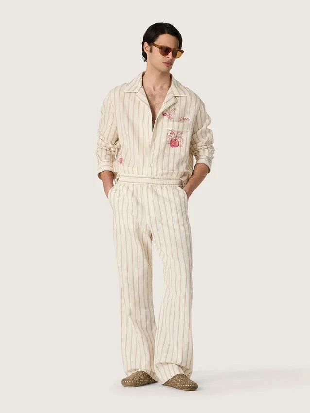 Chemise unisexe en coton et lin rayé écru et sable, avec broderies