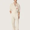 Chemise unisexe en coton et lin rayé écru et sable, avec broderies