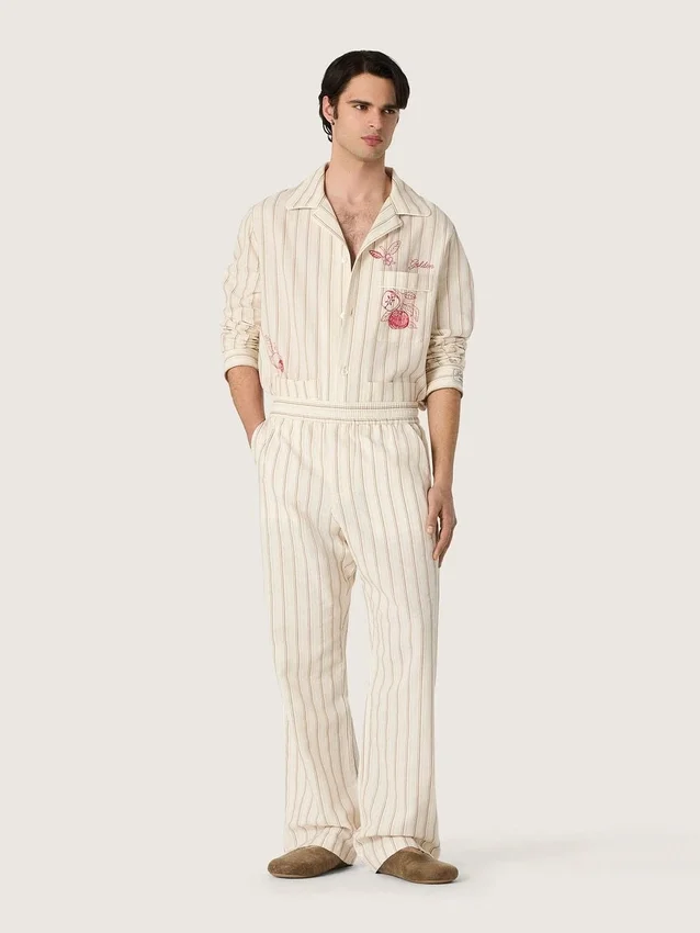 Chemise unisexe en coton et lin rayé écru et sable, avec broderies