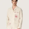 Chemise unisexe en coton et lin rayé écru et sable, avec broderies