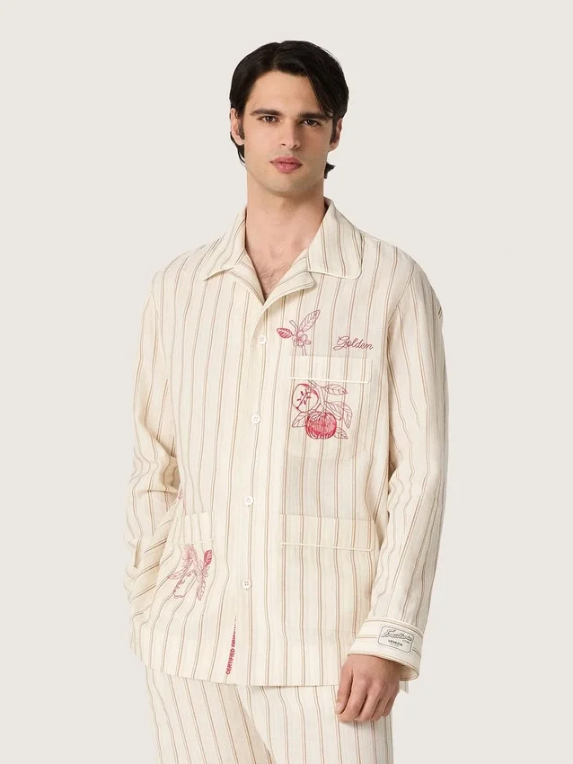 Chemise unisexe en coton et lin rayé écru et sable, avec broderies