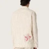 Chemise unisexe en coton et lin rayé écru et sable, avec broderies