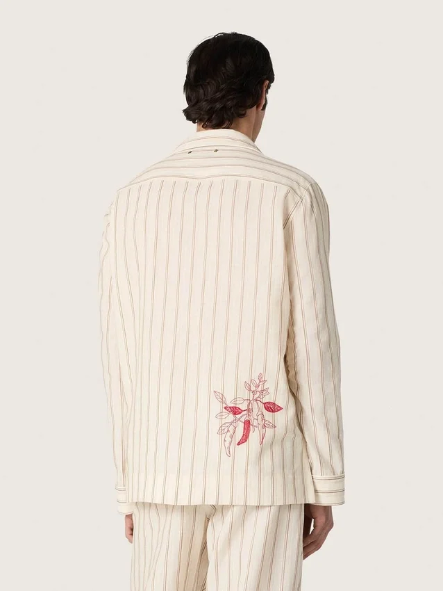 Chemise unisexe en coton et lin rayé écru et sable, avec broderies