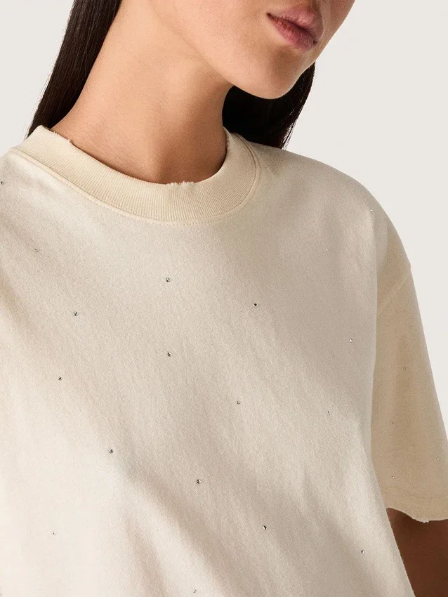 Chemise unisexe « Star » en coton blanc, ornée de cristaux dégradés sur toute la surface et d’un imprimé dans le dos