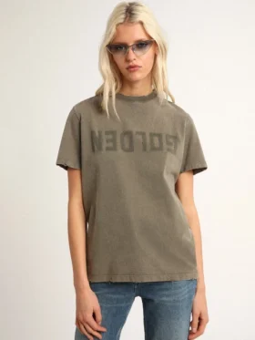 Chemise vert olive à coupe classique avec inscription dorée sur le devant