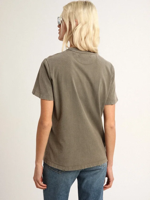 Chemise vert olive à coupe classique avec inscription dorée sur le devant