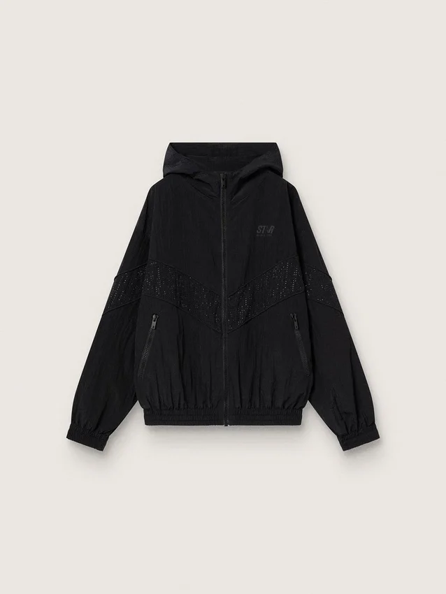 Coupe-vent pour femme en nylon noir orné de cristaux ton sur ton