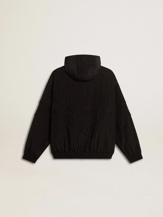 Coupe-vent pour femme en nylon noir orné de cristaux ton sur ton