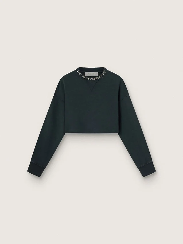 Court sweat-shirt en coton pour femme avec des cristaux sur le devant