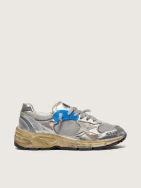 Dad-Star pour femme en cuir laminé argenté et mesh, avec étoile en cuir blanc et languette de talon argentée